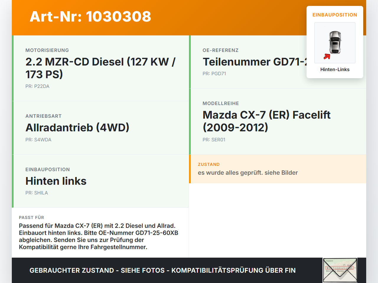 Mazda CX-7 CX7 ER 09-12  2,2d 127KW 4WD Antriebswelle Gelenkwelle Hinten Links Mazda CX-7 CX7 ER 09-12 20.12.2010... Vorschau 3