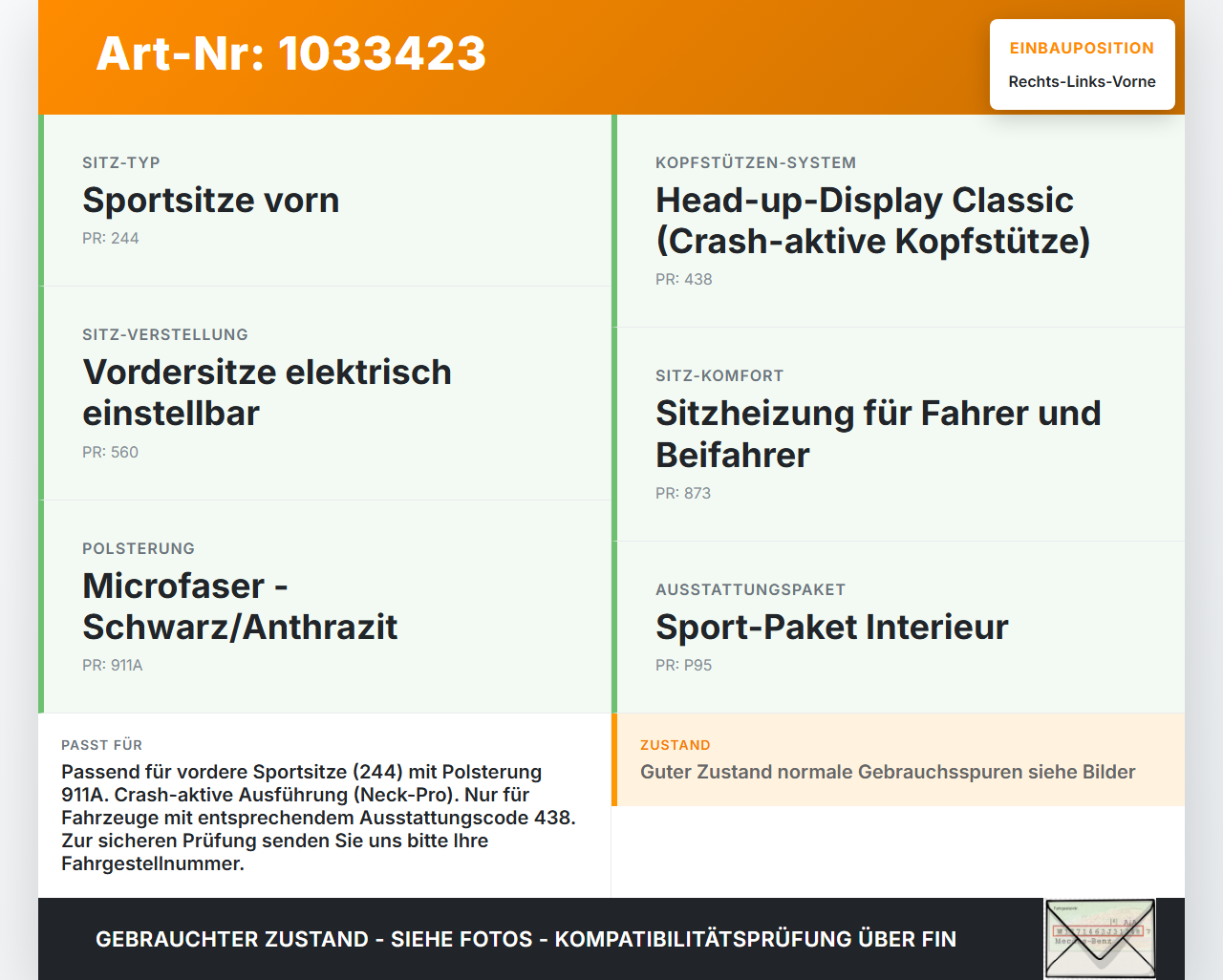 Mercedes W251 R350 10-13 Kopfstütze für Fahrer Sitz Rechts oder Links Vorne Crash Aktiv Mercedes W251 R350 10-13... Vorschau 3