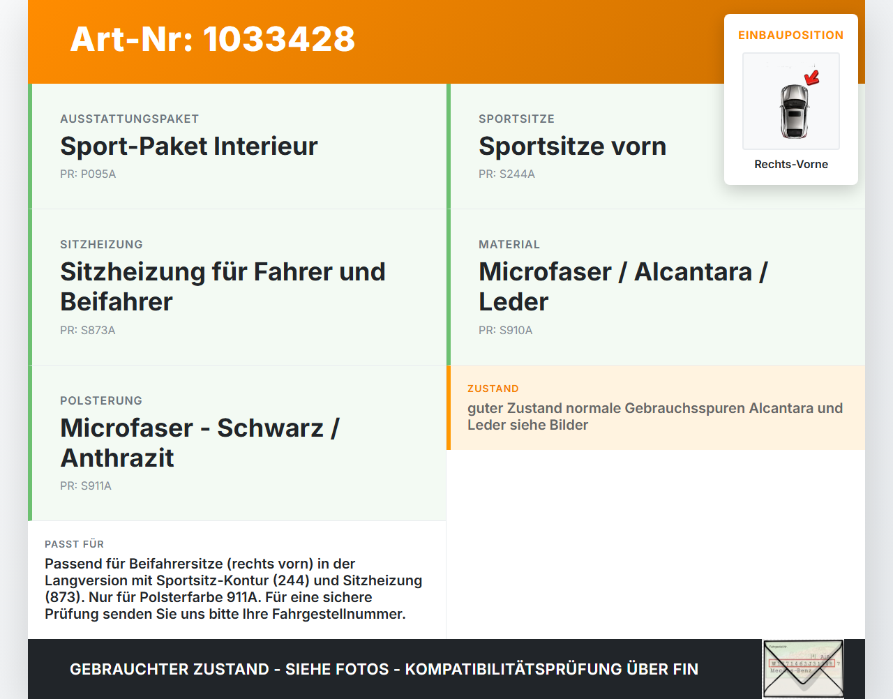 Mercedes W251 R350 10-13  Lang Sitzbezug Rückenpolster Rechts Vorne für Beifahrer Sitz Mercedes W251 R350 10-13... Vorschau 3