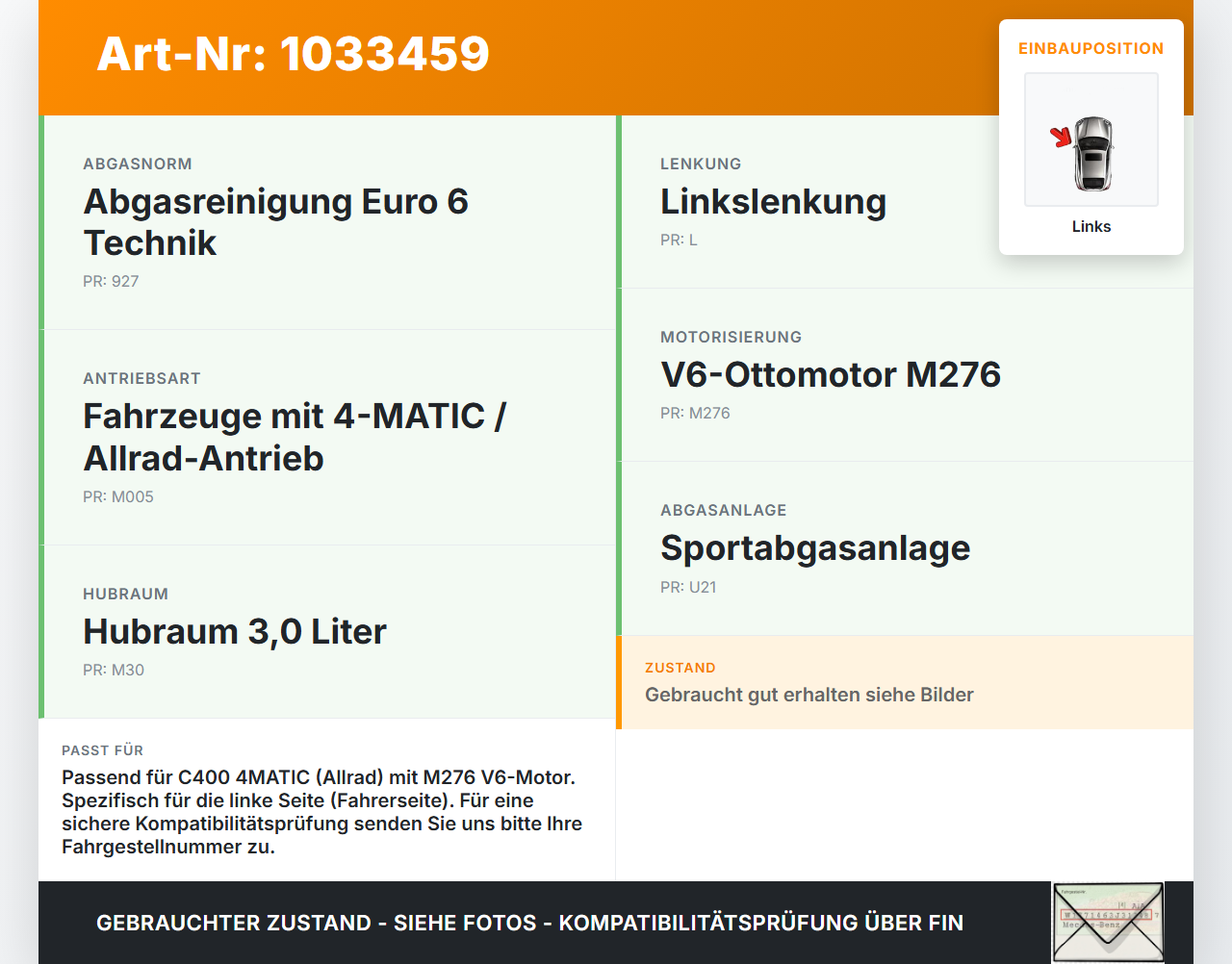 Mercedes C205 C400 15-18 3,0 245KW Katalysator Kat Links Mercedes C205 C400 15-18 04.05.2017 82177753 A2761409413... Vorschau 3