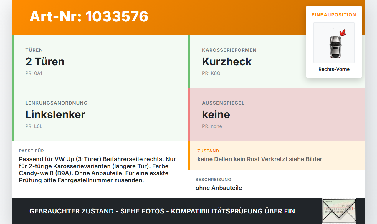 VW UP AA 15-23 Tür Beifahrer Rechts Vorne LB9A VW UP AA 15-23 15.08.2014 1S3831056B gebraucht Vorschau 3
