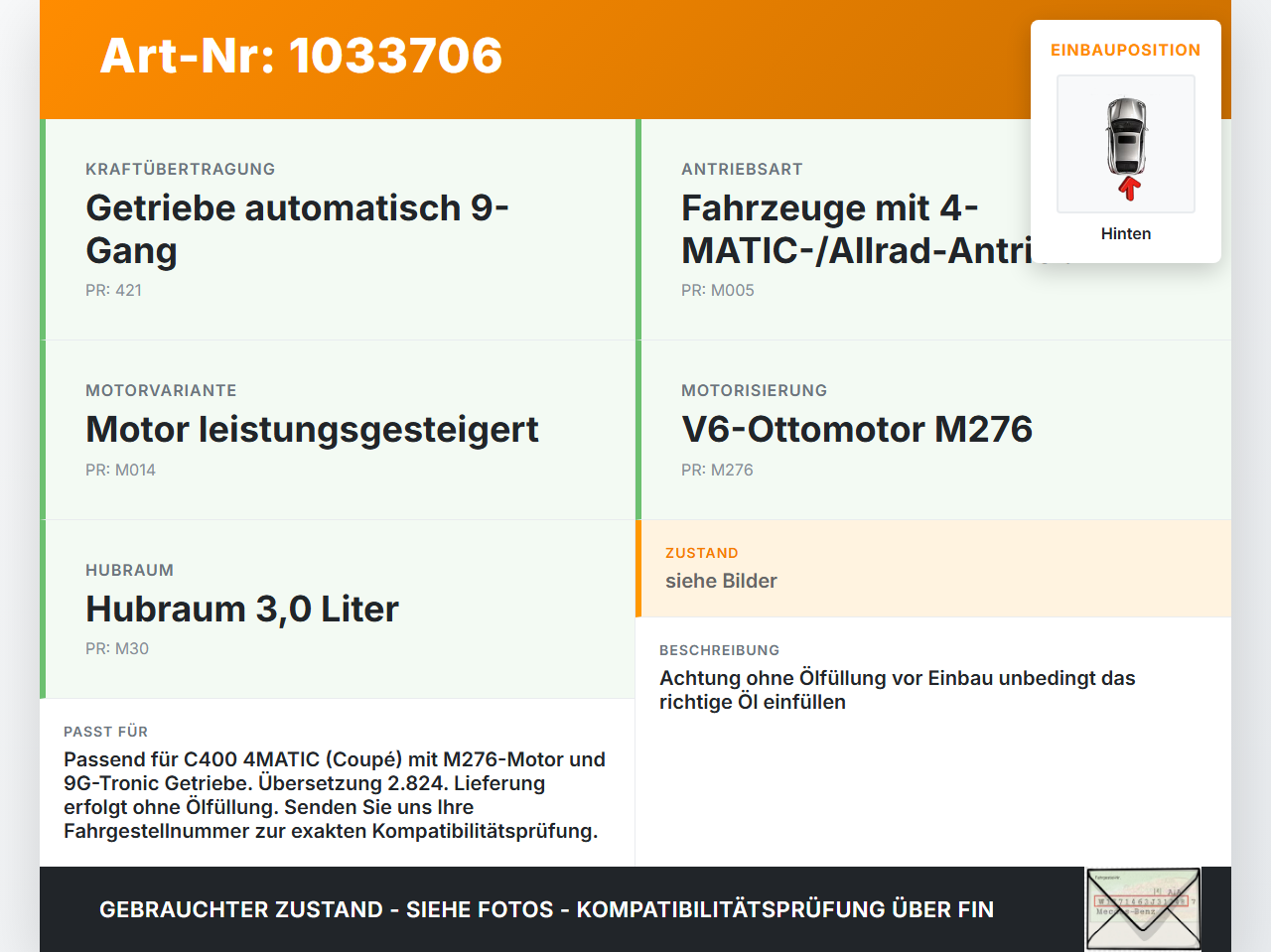 Mercedes C205 C400 15-18 3,0 245KW 4WD Differential Hinterachsgetriebe Hinten Mercedes C205 C400 15-18 04.05.2017... Vorschau 3