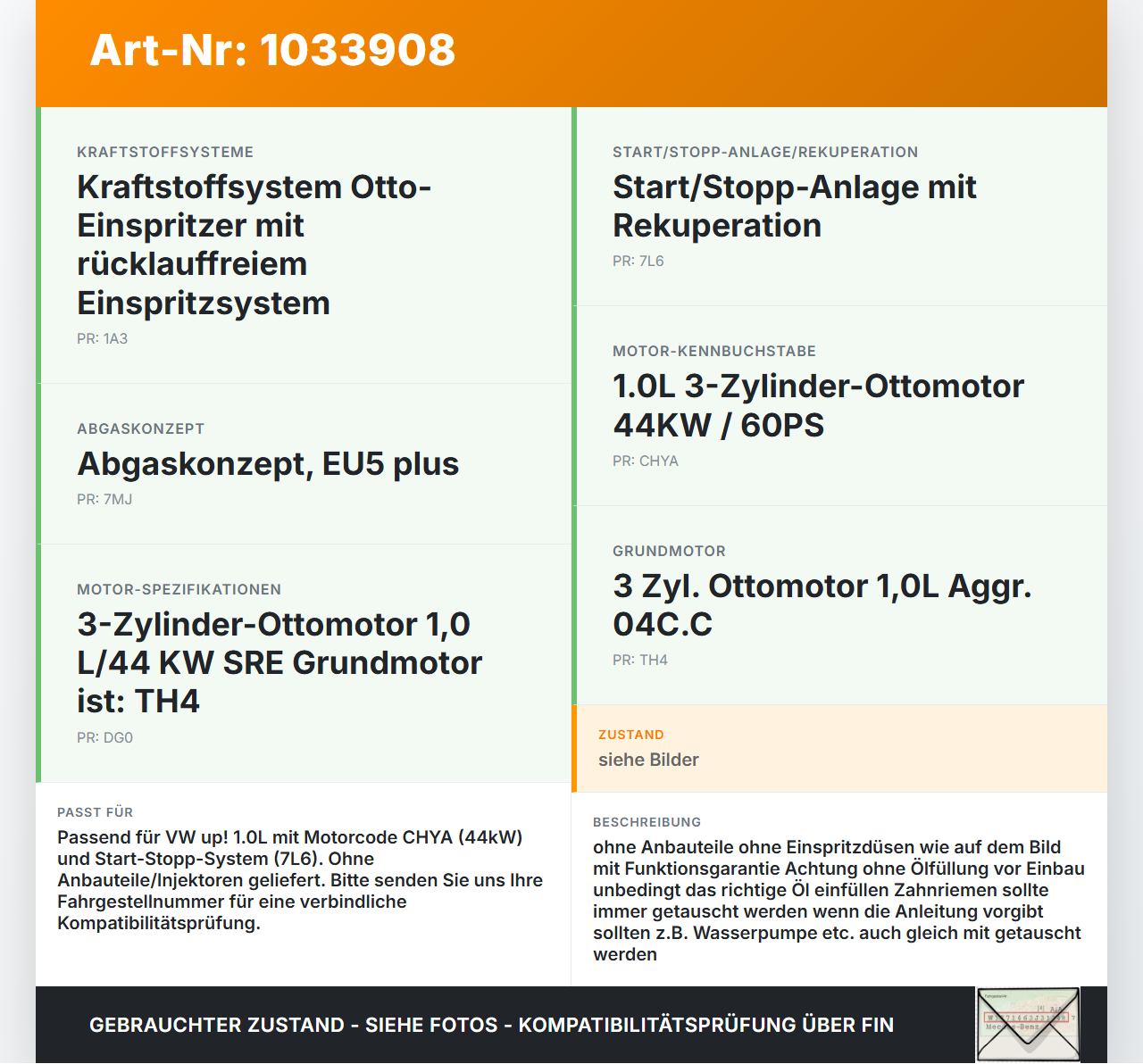VW UP AA 15-23 1,0 44KW CHYA Motor Triebwerk VW UP AA 15-23 15.08.2014 04C100098A gebraucht Vorschau 3