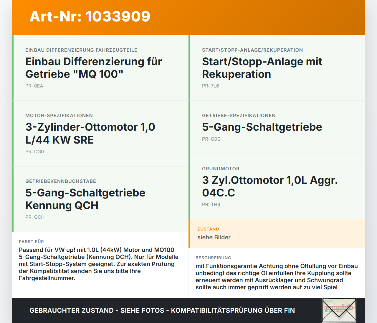 VW UP AA 15-23 1,0 44KW QCH Schaltgetriebe Getriebe QCH VW UP AA 15-23 15.08.2014 0CF300044G gebraucht Vorschau 3