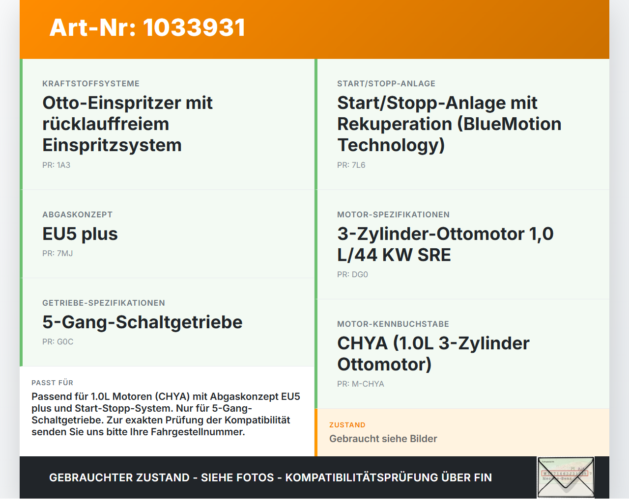 VW UP AA 15-23 1,0 44KW Katalysator Kat VW UP AA 15-23 15.08.2014 1S0253053BX gebraucht Vorschau 3