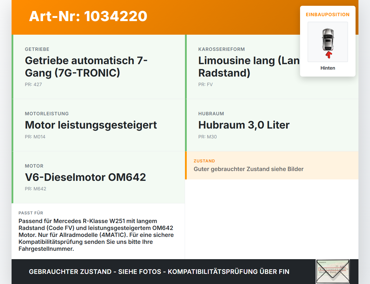 Mercedes W251 R350 10-13  CDI 3,0 195KW 4WD Kardanwelle Hinten Mercedes W251 R350 10-13 29.03.2011 A2514102502 gebraucht Vorschau 3