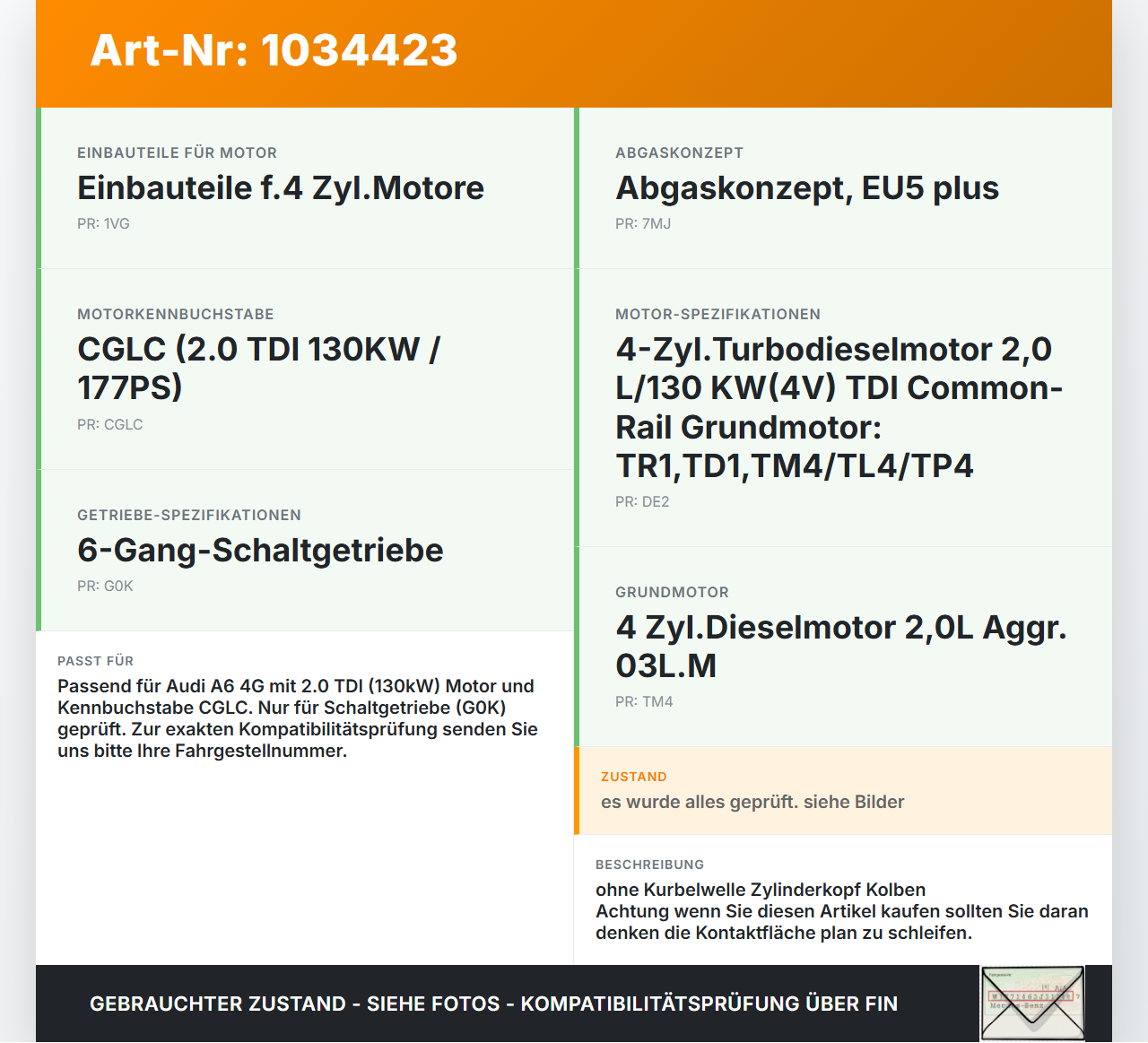 Audi A6 4G 11-14 TDI 2,0 130KW Motorblock für Motor Audi A6 4G 11-14 02.07.2013 03L103011AP 03L021CA gebraucht Vorschau 3