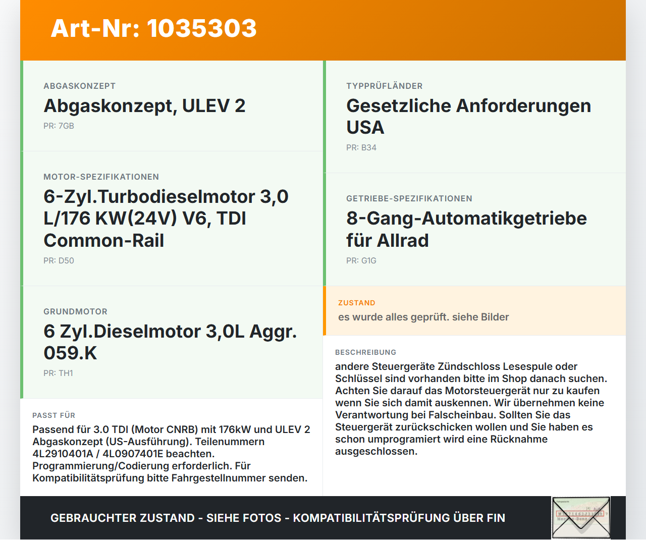 Audi Q7 4L 09-15 TDI 3,0 176KW Steuergerät ECU für Motor Motorsteuergerät Audi Q7 4L 09-15 22.10.2012 f4L2910401A... Vorschau 3