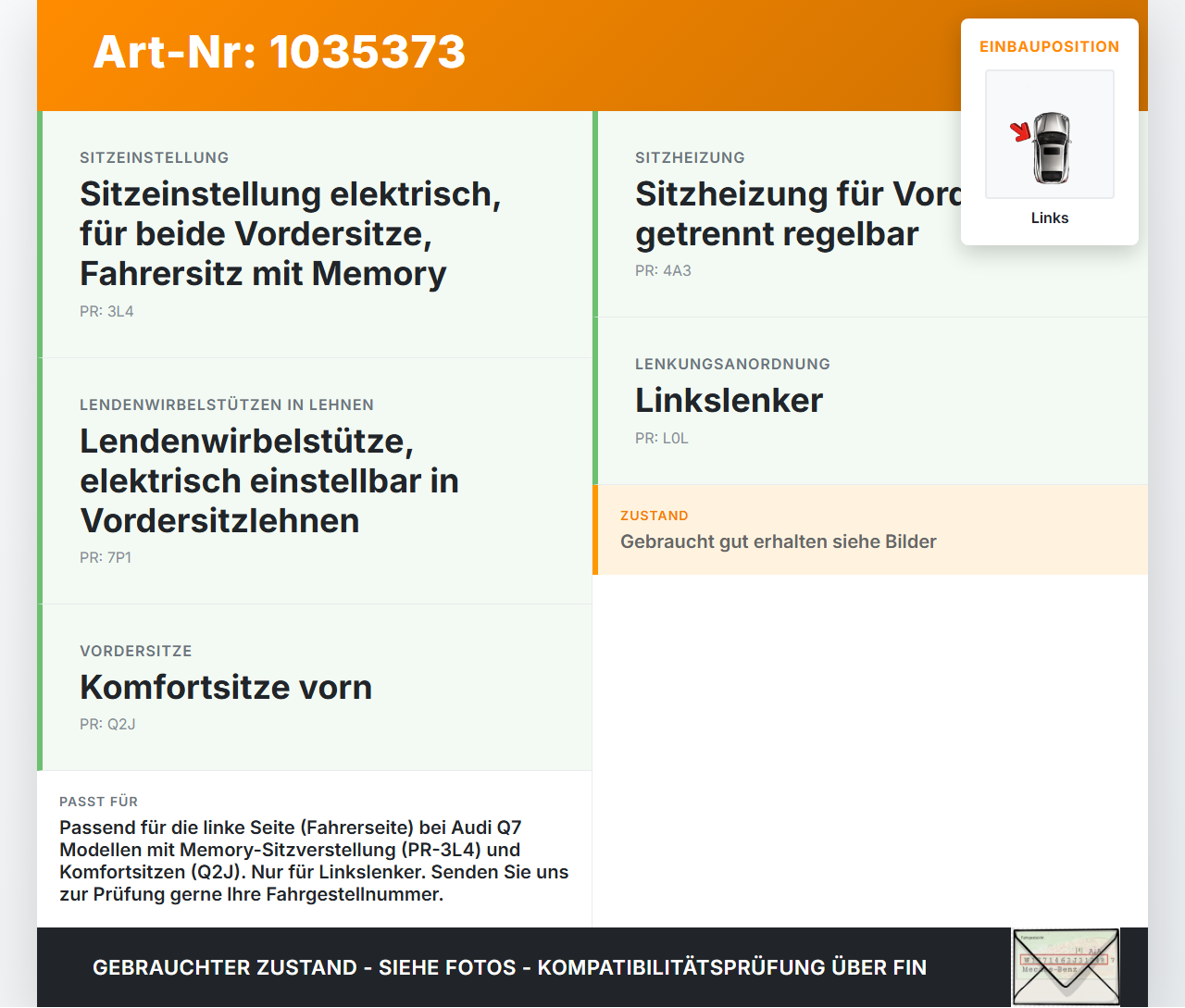 Audi Q7 4L 09-15 Sitzverstellung Schalter Links Audi Q7 4L 09-15 22.10.2012 4L0959747A gebraucht Vorschau 3