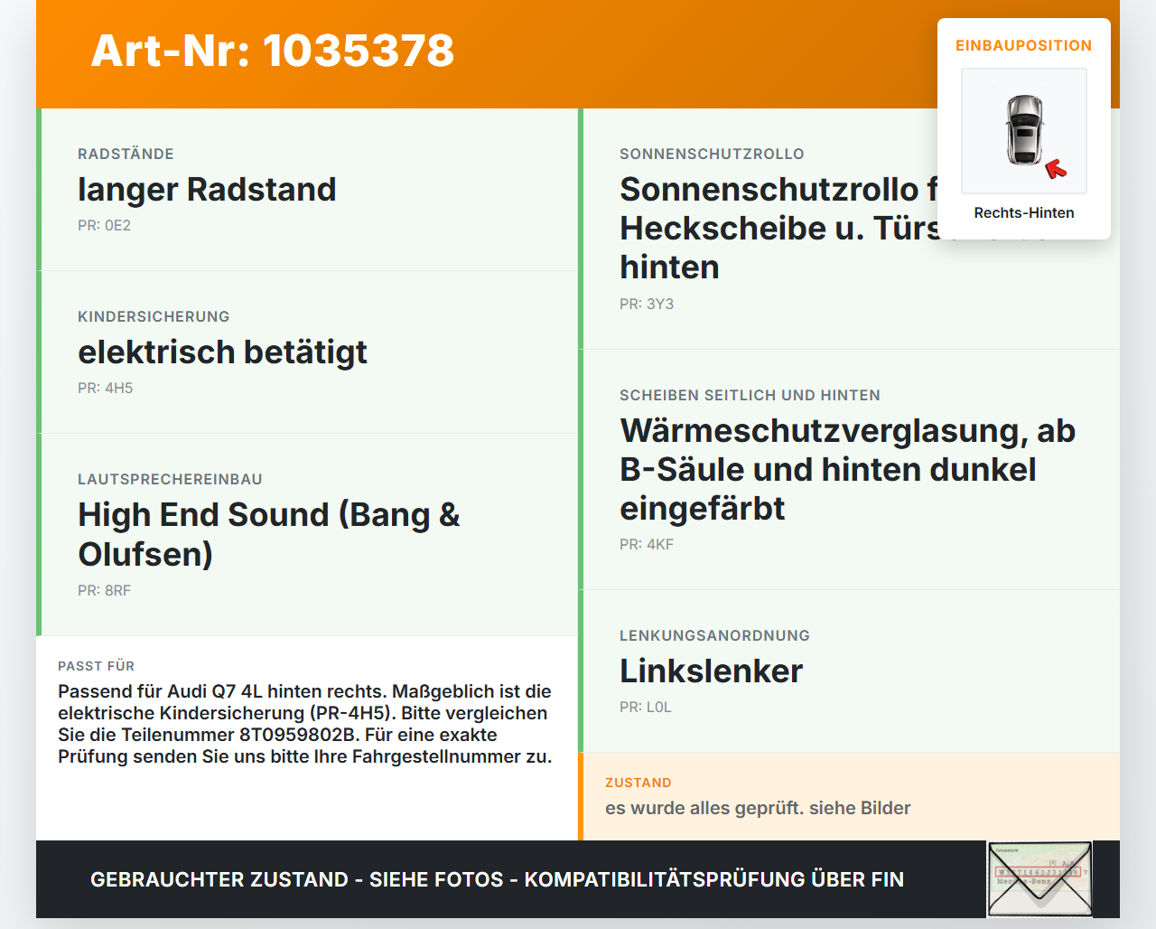 Audi Q7 4L 09-15 Fensterhebermotor Rechts Hinten Audi Q7 4L 09-15 22.10.2012 8T0959802B 8K0959802A 1036-965575-200... Vorschau 3