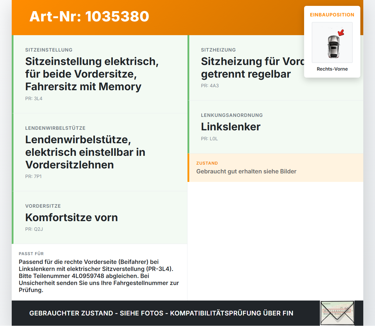 Audi Q7 4L 09-15 Schalter Sitzverstellung Rechts Vorne Audi Q7 4L 09-15 22.10.2012 4L0959748 gebraucht Vorschau 3