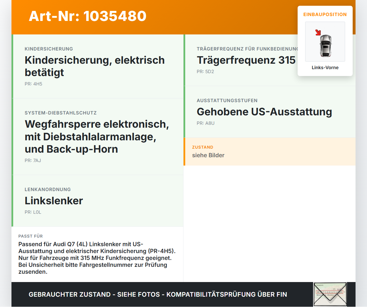 Audi Q7 4L 09-15 Türschloss mit ZV Stellmotor Links Vorne Audi Q7 4L 09-15 22.10.2012 8J1837015D gebraucht Vorschau 3