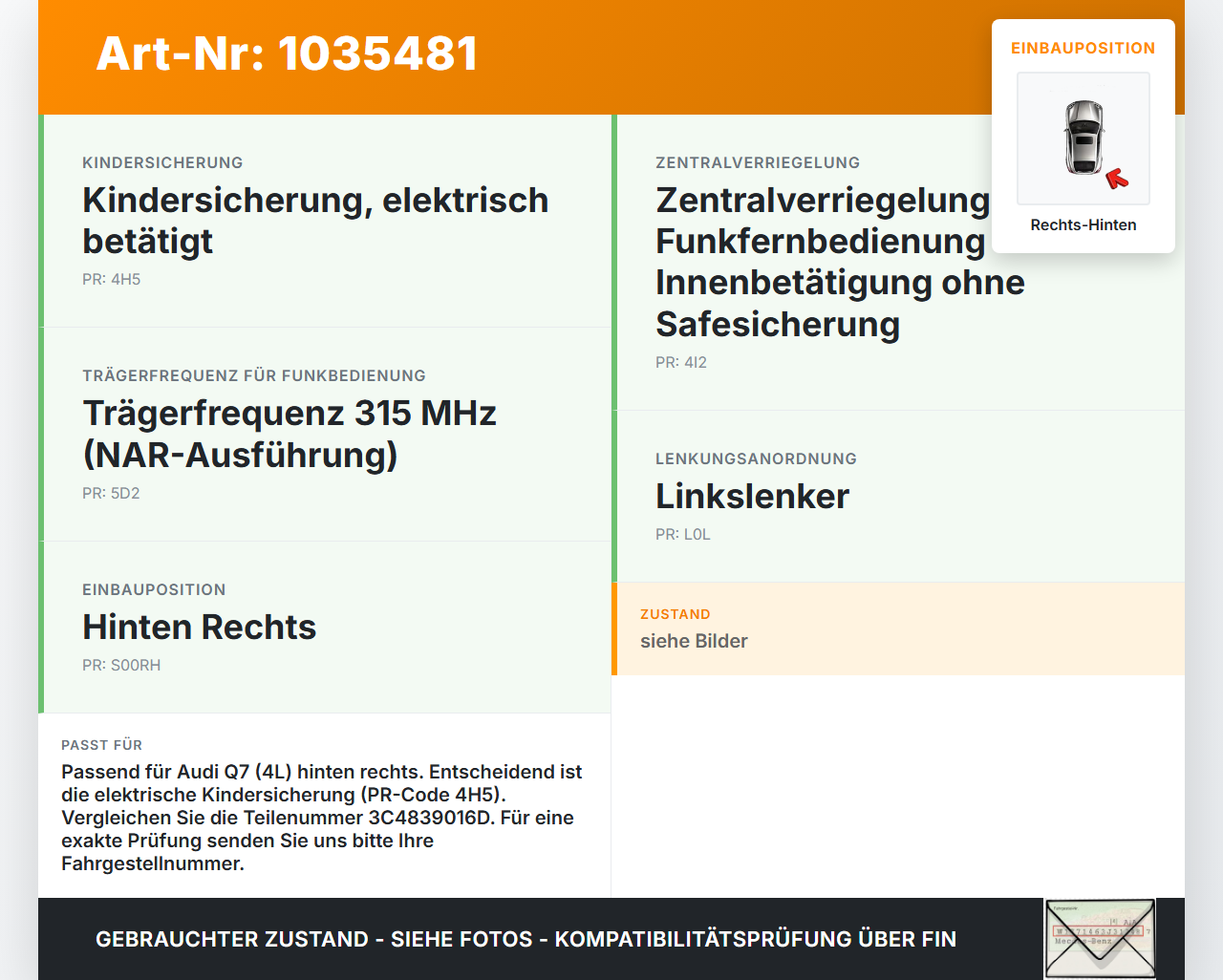 Audi Q7 4L 09-15 Türschloss m. ZV Stellmotor Rechts Hinten Audi Q7 4L 09-15 22.10.2012 3C4839016D gebraucht Vorschau 3