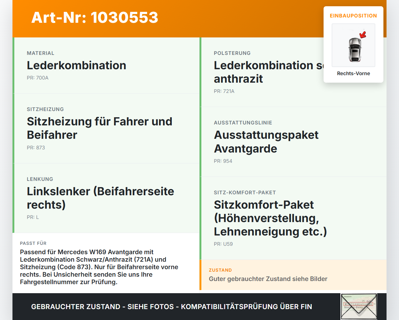 Mercedes A160 W169 08-12 Lim Sitzbezug Rückenpolster Rechts Vorne für Beifahrer Sitz beheizt Mercedes A160 W169... Vorschau 3