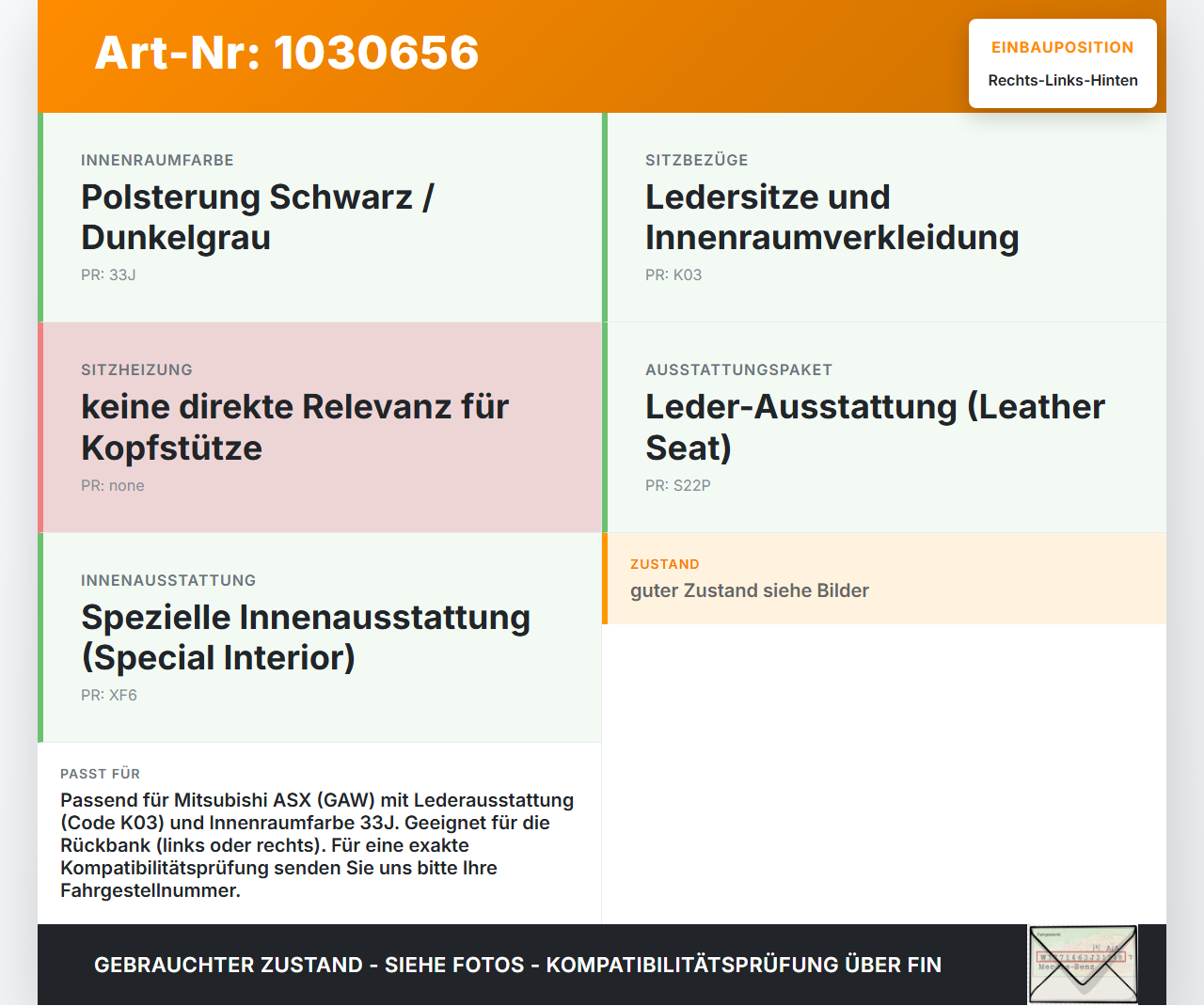 Mitsubishi ASX GAW 16-19 Kopfstütze Rechts oder Links Hinten Mitsubishi ASX GAW 16-19 15.09.2017 gebraucht Vorschau 3