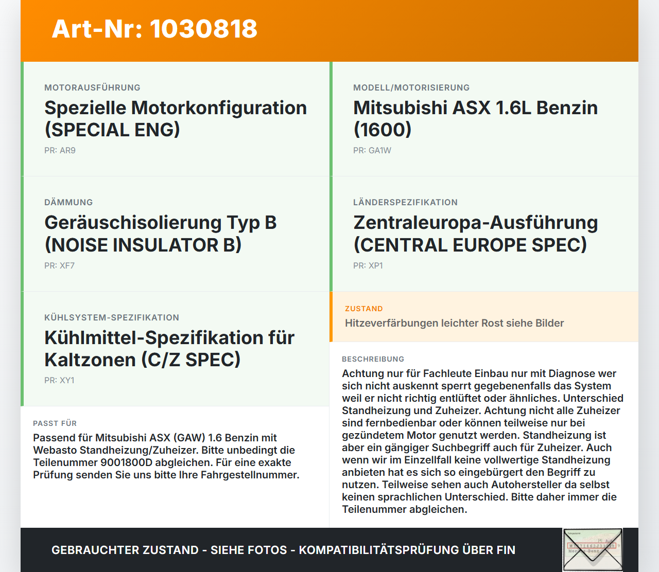 Mitsubishi ASX GAW 16-19 Endtopf Auspuff Standheizung Webasto Mitsubishi ASX GAW 16-19 15.09.2017 9001800D gebraucht Vorschau 3
