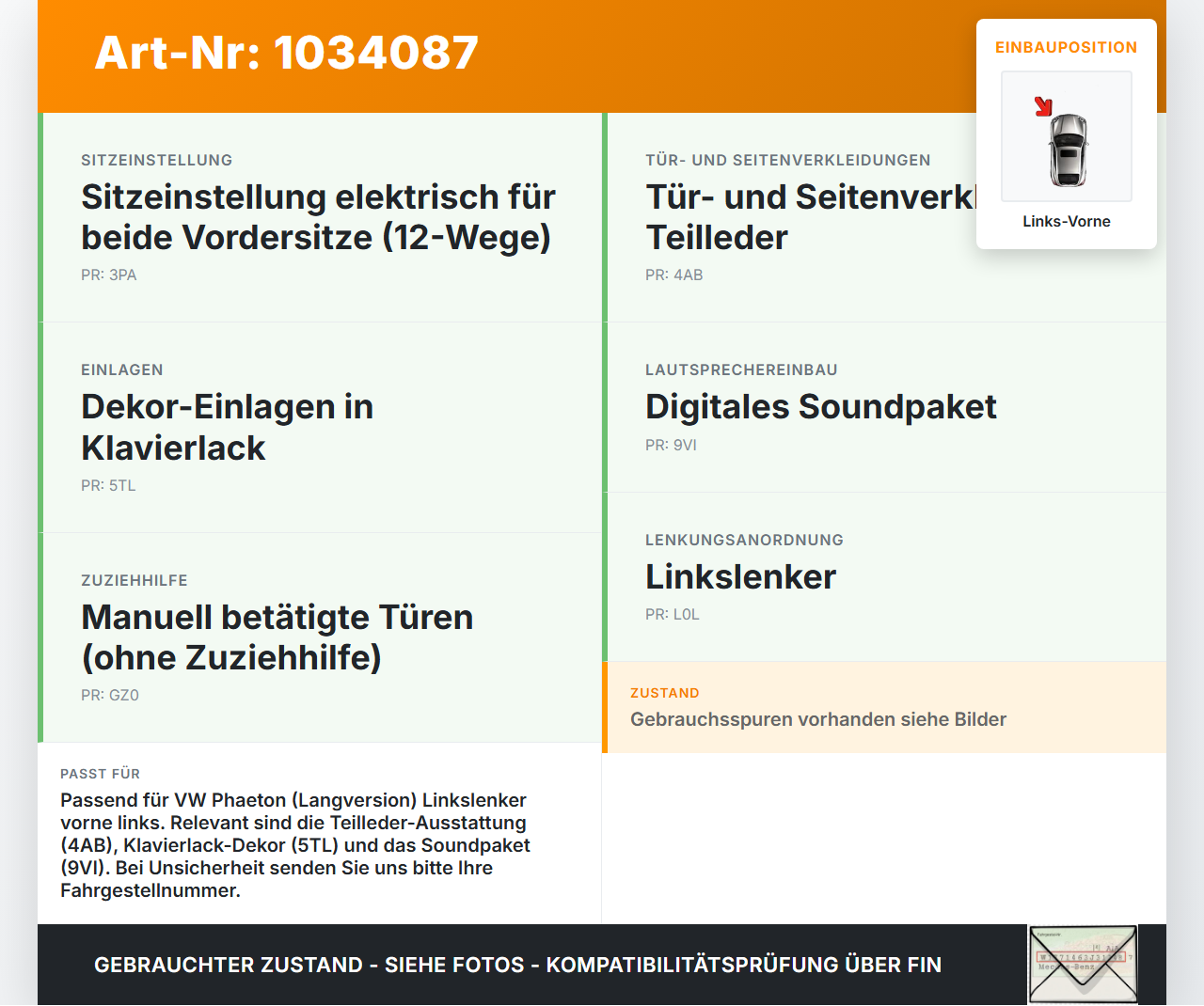 VW Phaeton 3D 10-16 Kurz Türverkleidung Türpappe Links Vorne VW Phaeton 3D 10-16 15.12.2011 3D1867011L... Vorschau 3