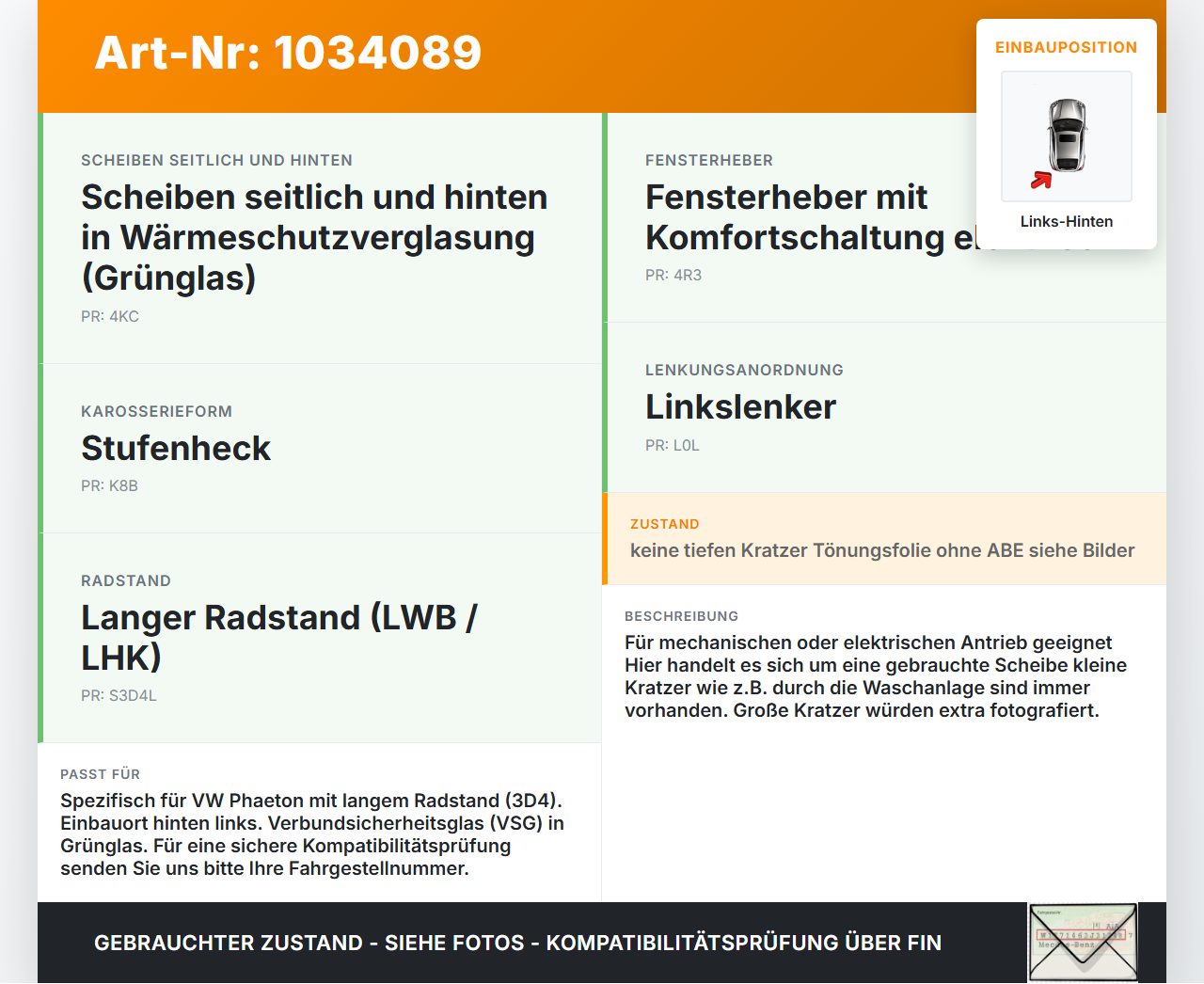VW Phaeton 3D 10-16 Kurz Seitenscheibe LHK für Türscheibe Fenster Links Hinten VSG VW Phaeton 3D 10-16 15.12.2011... Vorschau 3