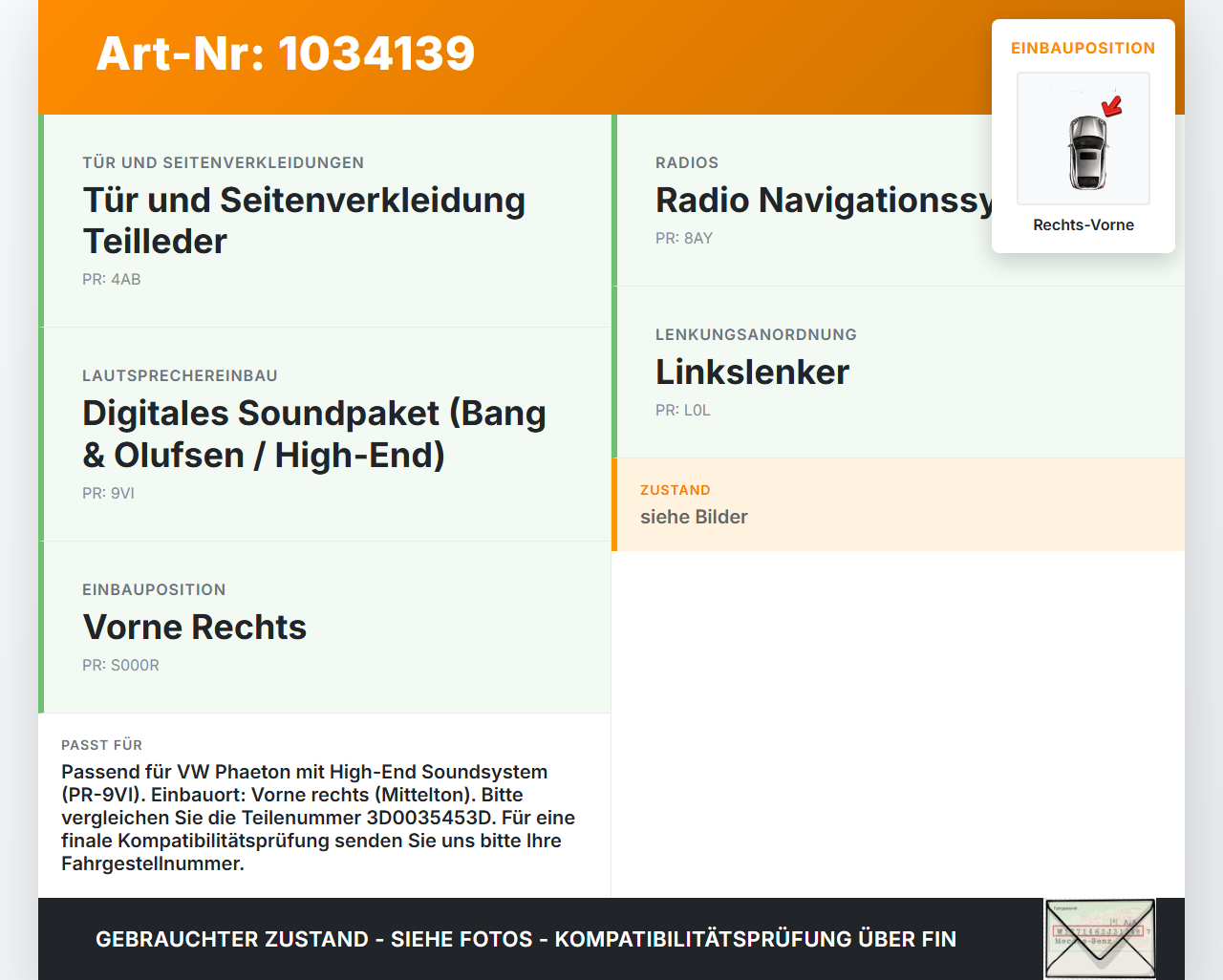VW Phaeton 3D 10-16 Lautsprecher Rechts Vorne Orig. Bang & Olufsen VW Phaeton 3D 10-16 15.12.2011 3D0035453D gebraucht Vorschau 3