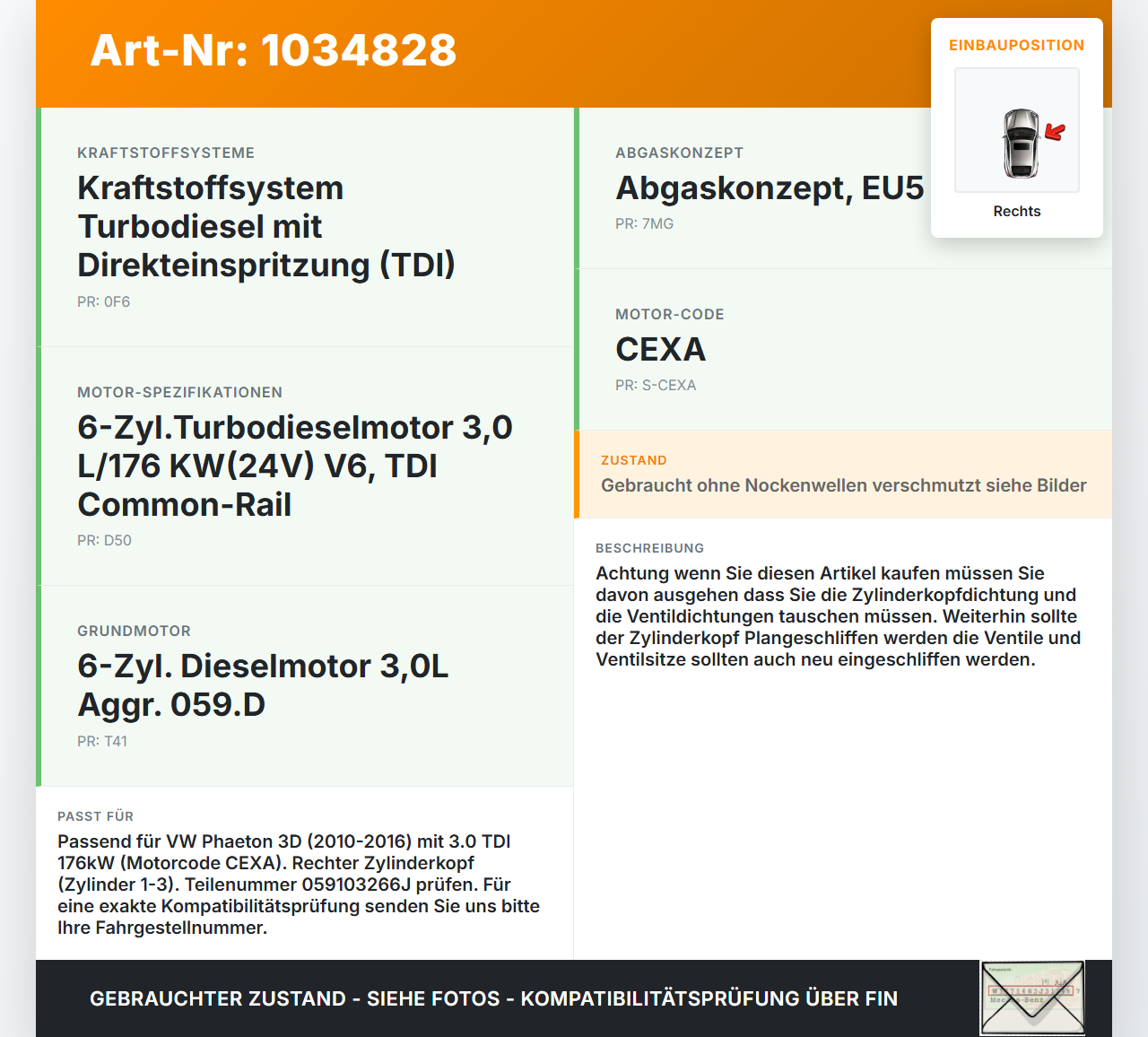 VW Phaeton 3D 10-16 TDI 3,0 176KW CEXA Zylinderkopf Rechts VW Phaeton 3D 10-16 15.12.2011 059103266J gebraucht Vorschau 3