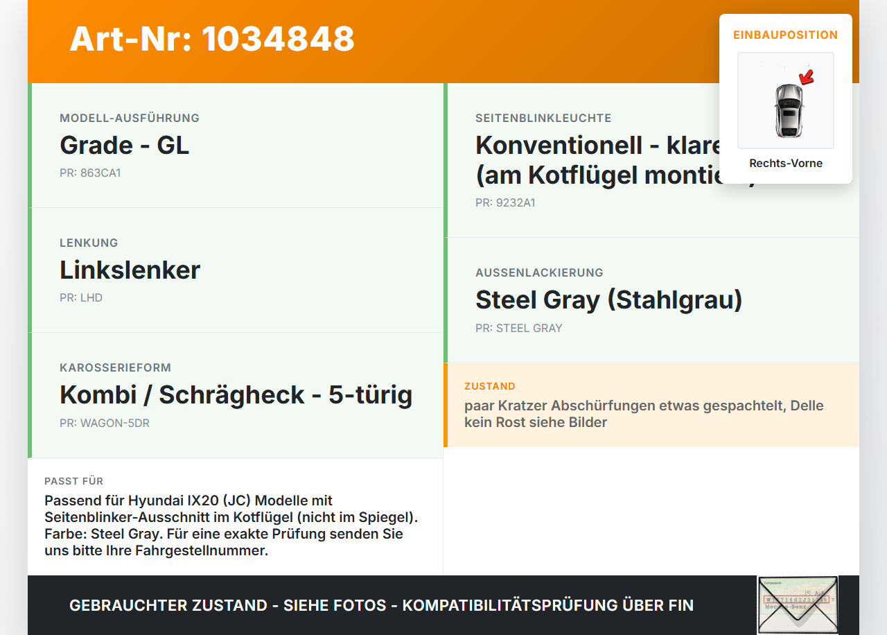 Hyundai IX20 JC 10-15 Kotflügel Rechts Vorne ZAR Hyundai IX20 JC 10-15 21.02.2014 66321-1K050 gebraucht Vorschau 3