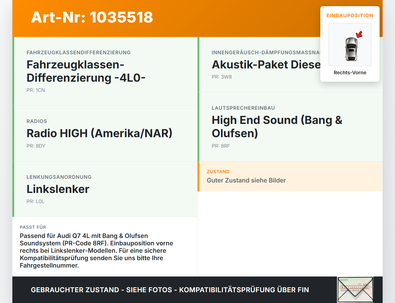 Audi Q7 4L 09-15 Lautsprecher Rechts Vorne Orig. Bang & Olufsen Audi Q7 4L 09-15 22.10.2012 4L0035416 gebraucht Vorschau 3