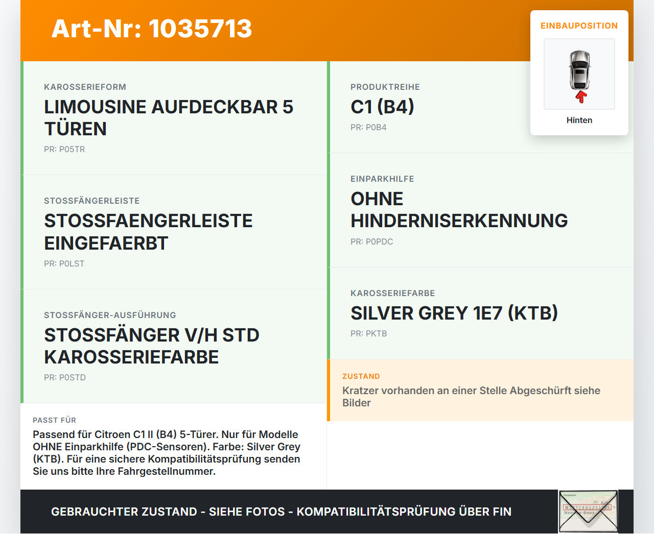 Citroen C1 II 14-18 Stoßstange Stoßfänger Heckstosstange Hinten 1E7 Citroen C1 II 14-18 01.01.2018 1612229280 gebraucht Vorschau 3