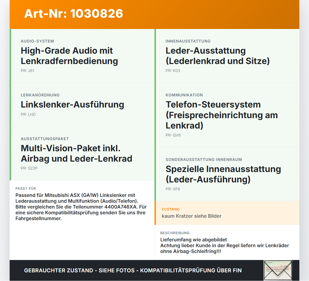 Mitsubishi ASX GAW 16-19 Lenkrad Airbaglenkrad Mitsubishi ASX GAW 16-19 15.09.2017 7030A647XA 631003700 4400A746XA... Vorschau 3