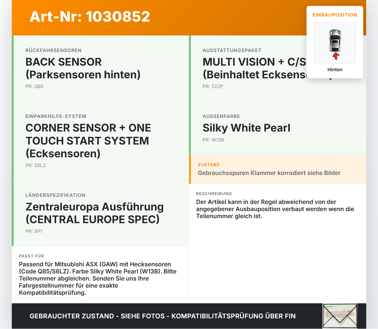 Mitsubishi ASX GAW 16-19 Abstands Sensor Parksensor PDC Einparkhilfe Hinten Mitsubishi ASX GAW 16-19 15.09.2017... Vorschau 3