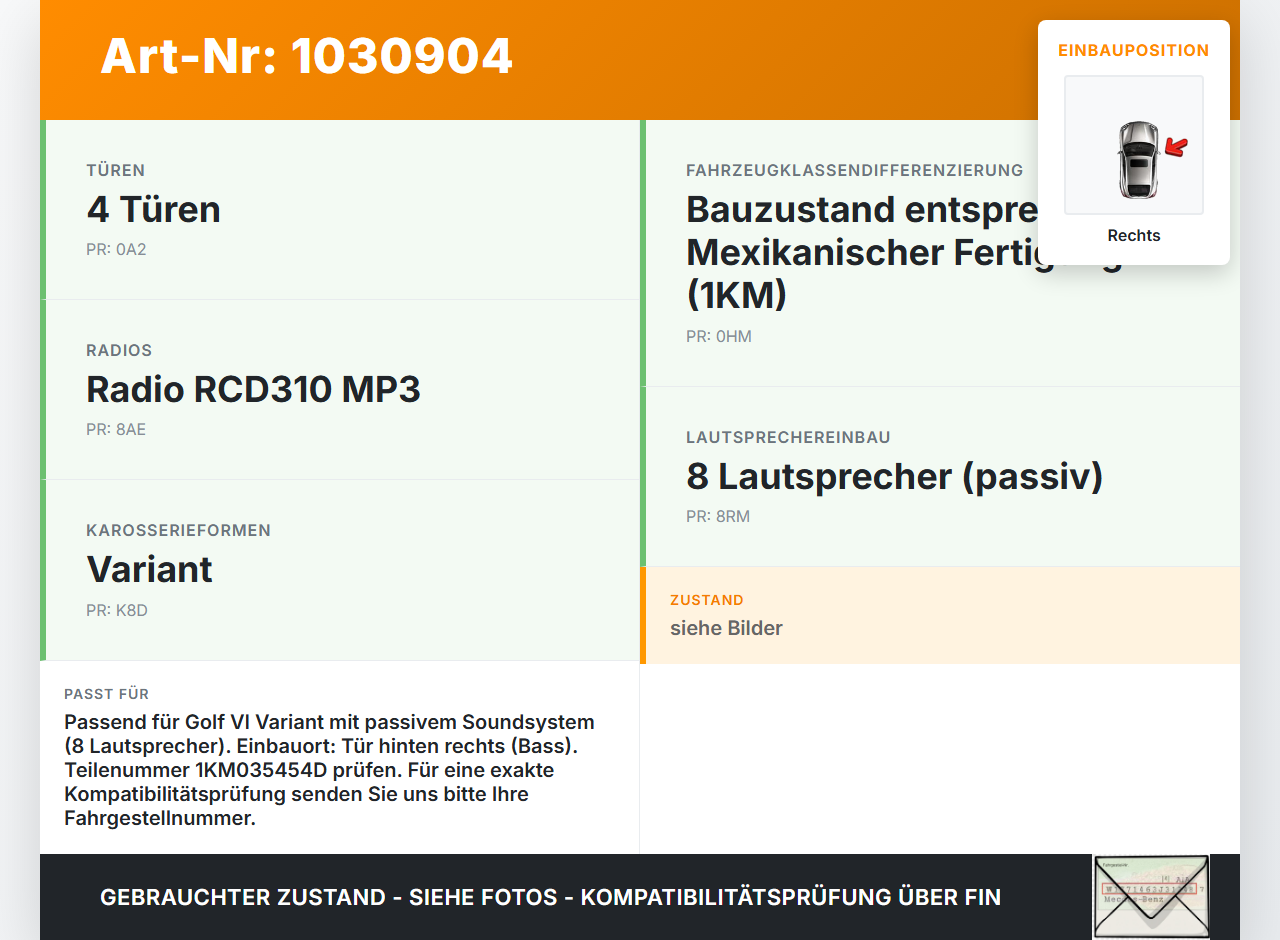 VW Golf VI 6 1K Variant 09-13 Lautsprecher Türlautsprecher Bass Rechts VW Golf VI 6 1K Variant 09-13 07.10.2010... Vorschau 3