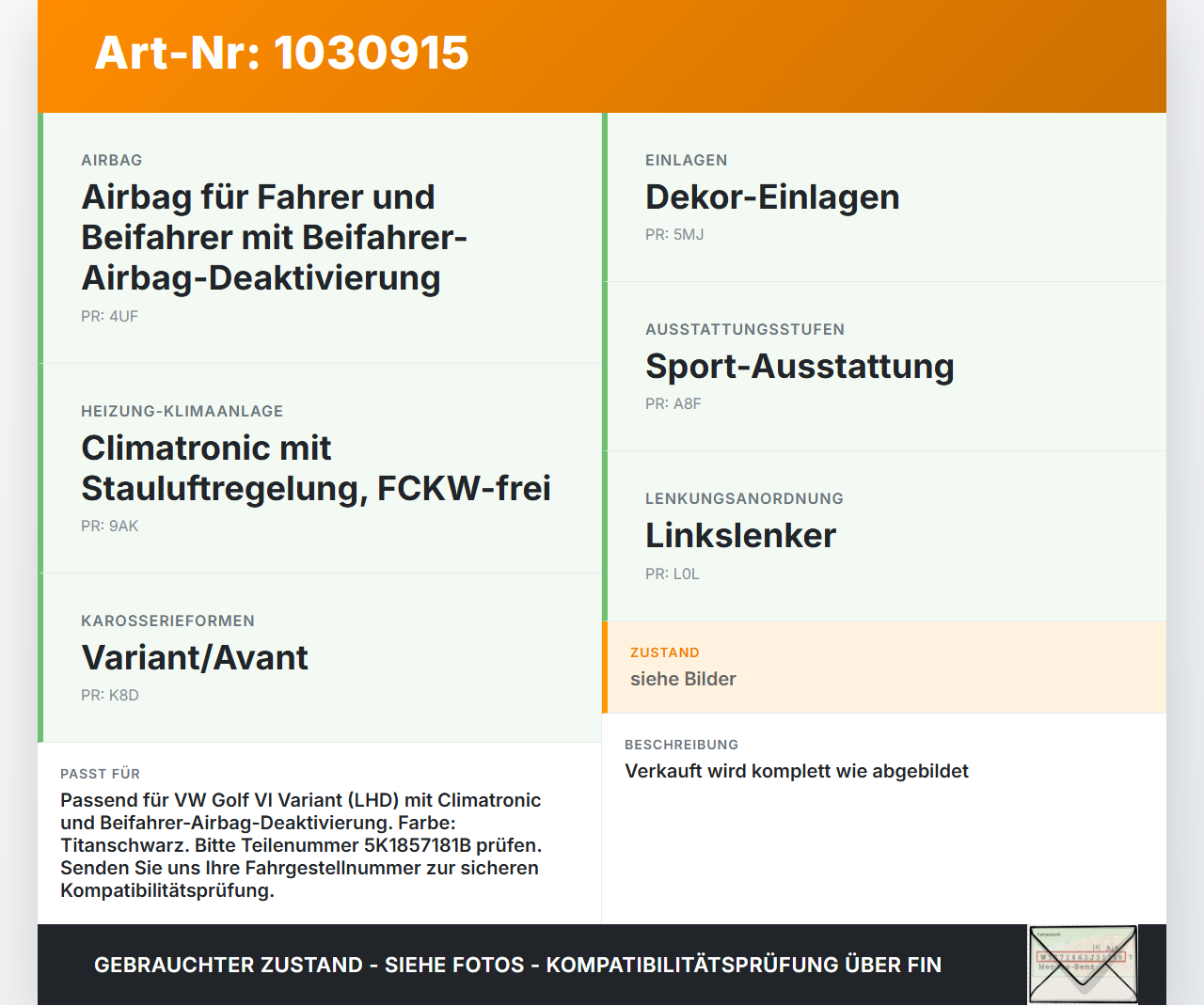 VW Golf VI 6 1K Variant 09-13 Armaturenbrett Panel komplett VW Golf VI 6 1K Variant 09-13 07.10.2010 5K1857001A... Vorschau 3