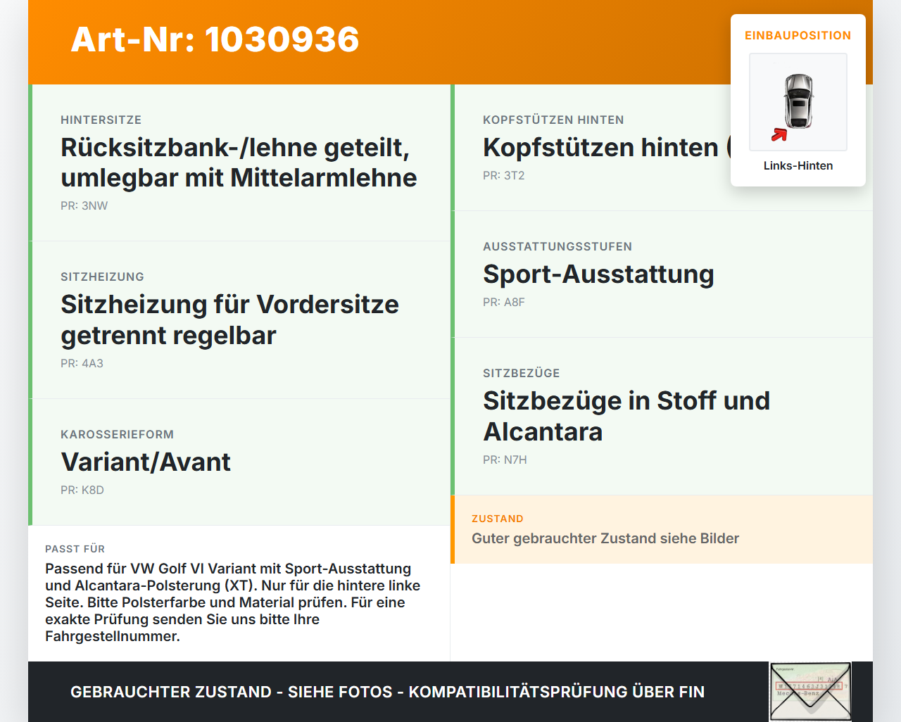 VW Golf VI 6 1K Variant 09-13 Kopfstütze Links Hinten VW Golf VI 6 1K Variant 09-13 07.10.2010 1K6885901K gebraucht Vorschau 3
