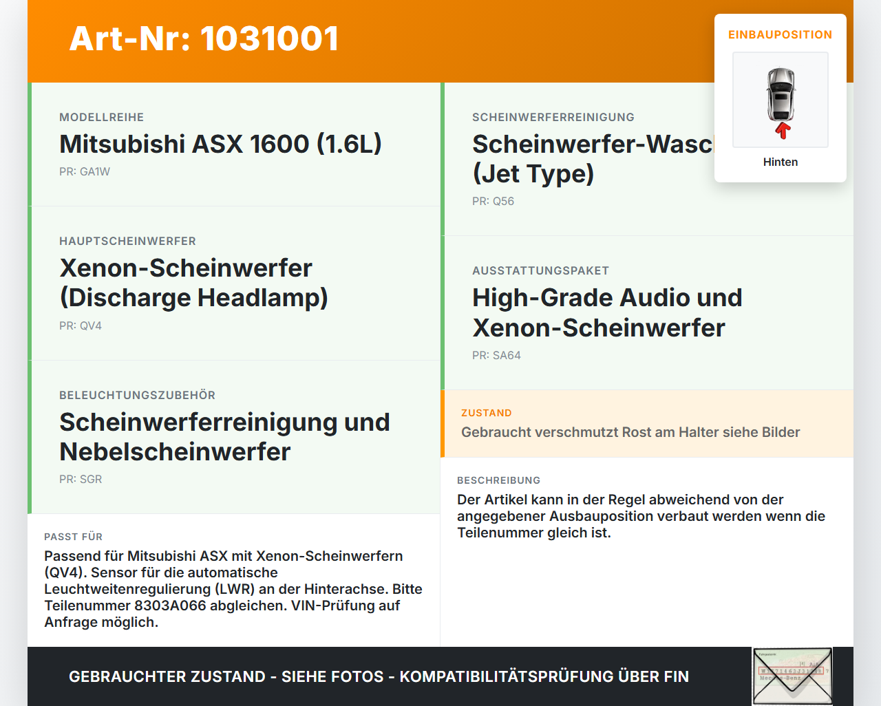 Mitsubishi ASX GAW 16-19 Niveausensor Xenon LWR Sensor Hinten Mitsubishi ASX GAW 16-19 15.09.2017 7H2912 B184528-2... Vorschau 3