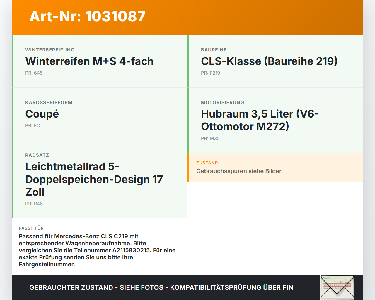 Mercedes C219 CLS 350 04-08 Wagenheber Mercedes C219 CLS 350 04-08 09.12.2005 A2115830215 gebraucht Vorschau 3
