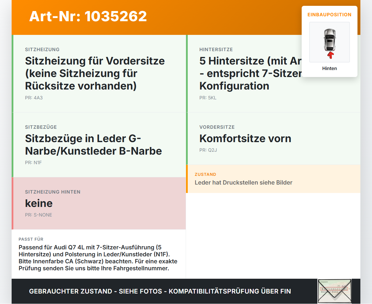 Audi Q7 4L 09-15 Sitzbezug Sitzpolster für Rücksitzbank Hinten Audi Q7 4L 09-15 22.10.2012 4L0885375A gebraucht Vorschau 3