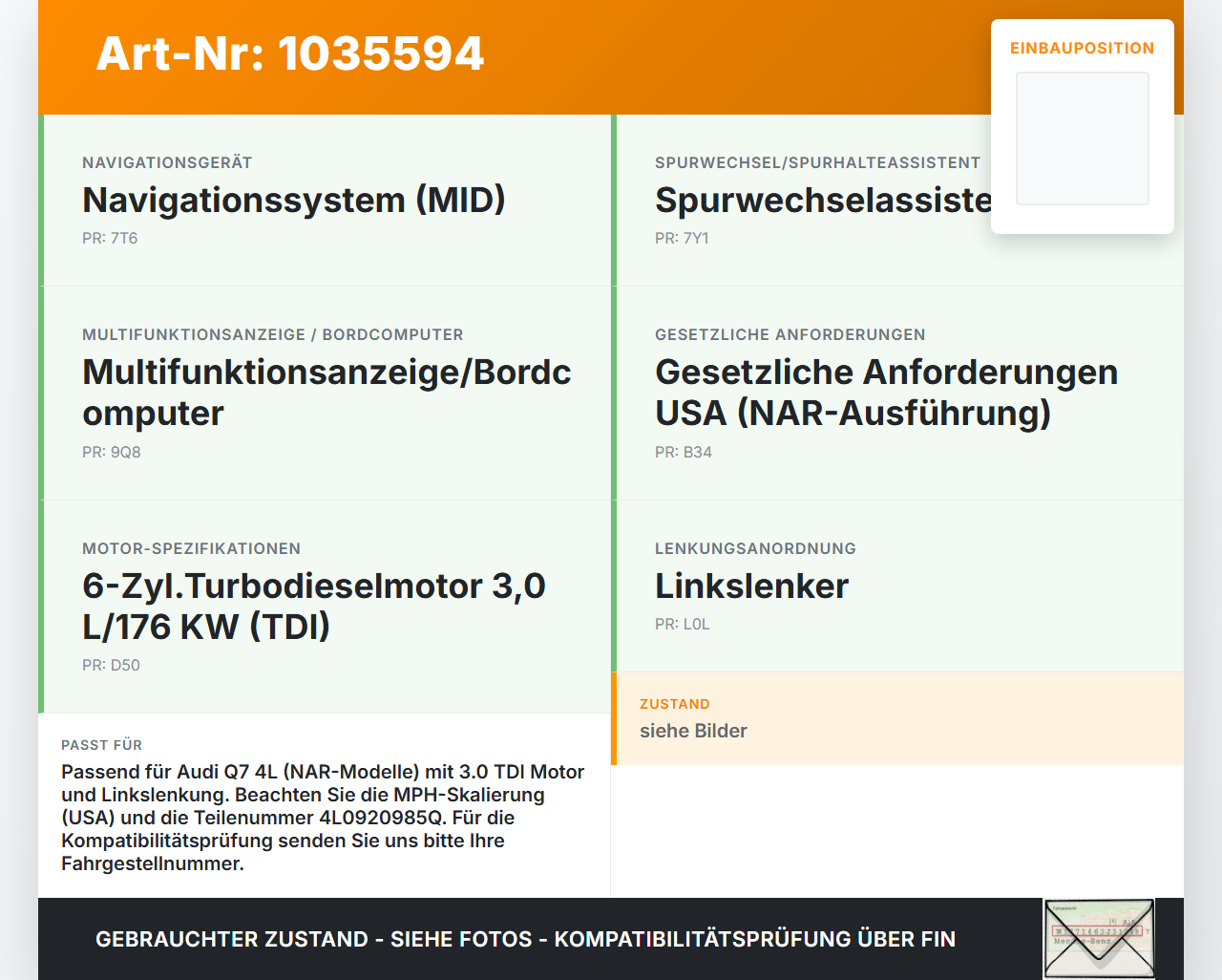 Audi Q7 4L 09-15 TDI 3,0 176KW Kombiinstrument Tacho Audi Q7 4L 09-15 22.10.2012 4L0920985Q 503.002.472.201 gebraucht Vorschau 3