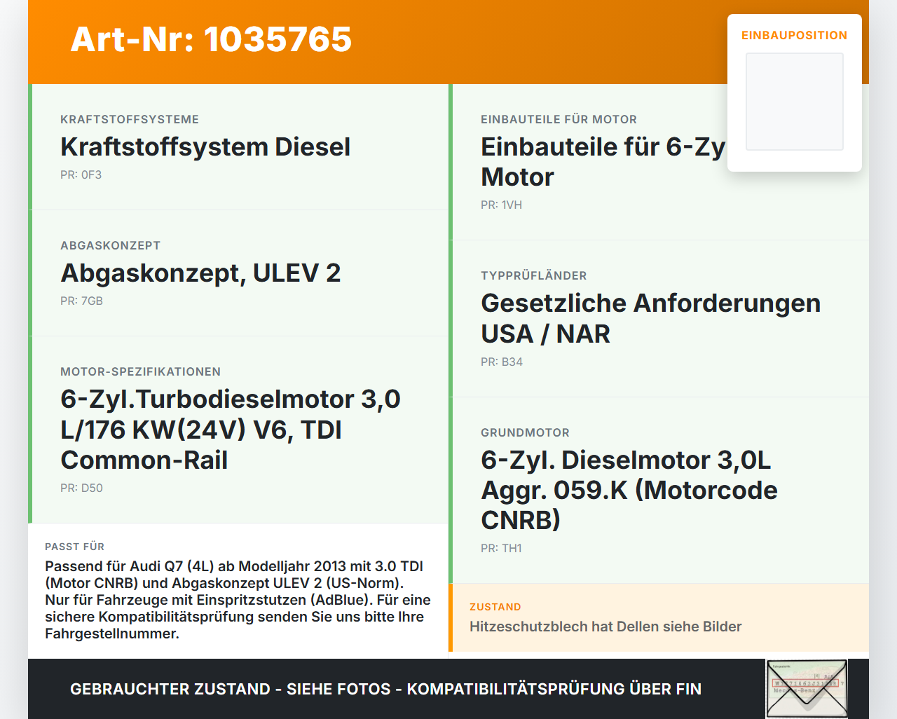 Audi Q7 4L 09-15 TDI 3,0 176KW Katalysator Kat Audi Q7 4L 09-15 22.10.2012 7P0254400BX 7P0254400B 7P6131703 gebraucht Vorschau 3