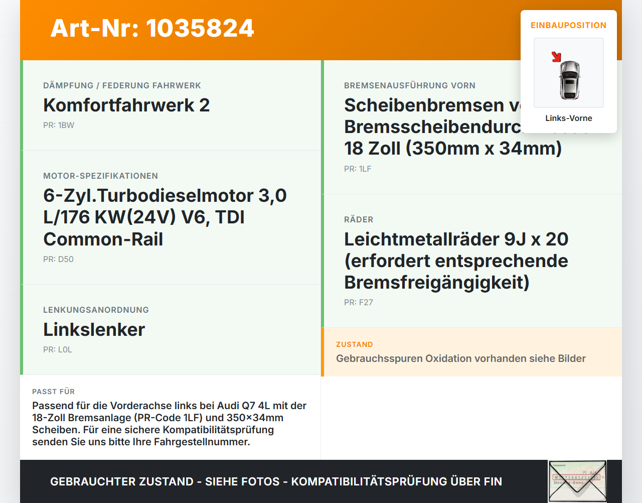 Audi Q7 4L 09-15 TDI 3,0 176KW Bremssattel Bremszange Vorne Links 350x34MM 5/130 Audi Q7 4L 09-15 22.10.2012... Vorschau 3