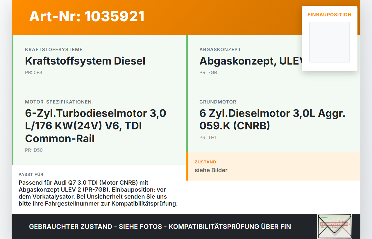 Audi Q7 4L 09-15 TDI 3,0 176KW Lambdasonde NoX C3 SME Audi Q7 4L 09-15 22.10.2012 059907807Q A2C10033700-01 gebraucht Vorschau 3