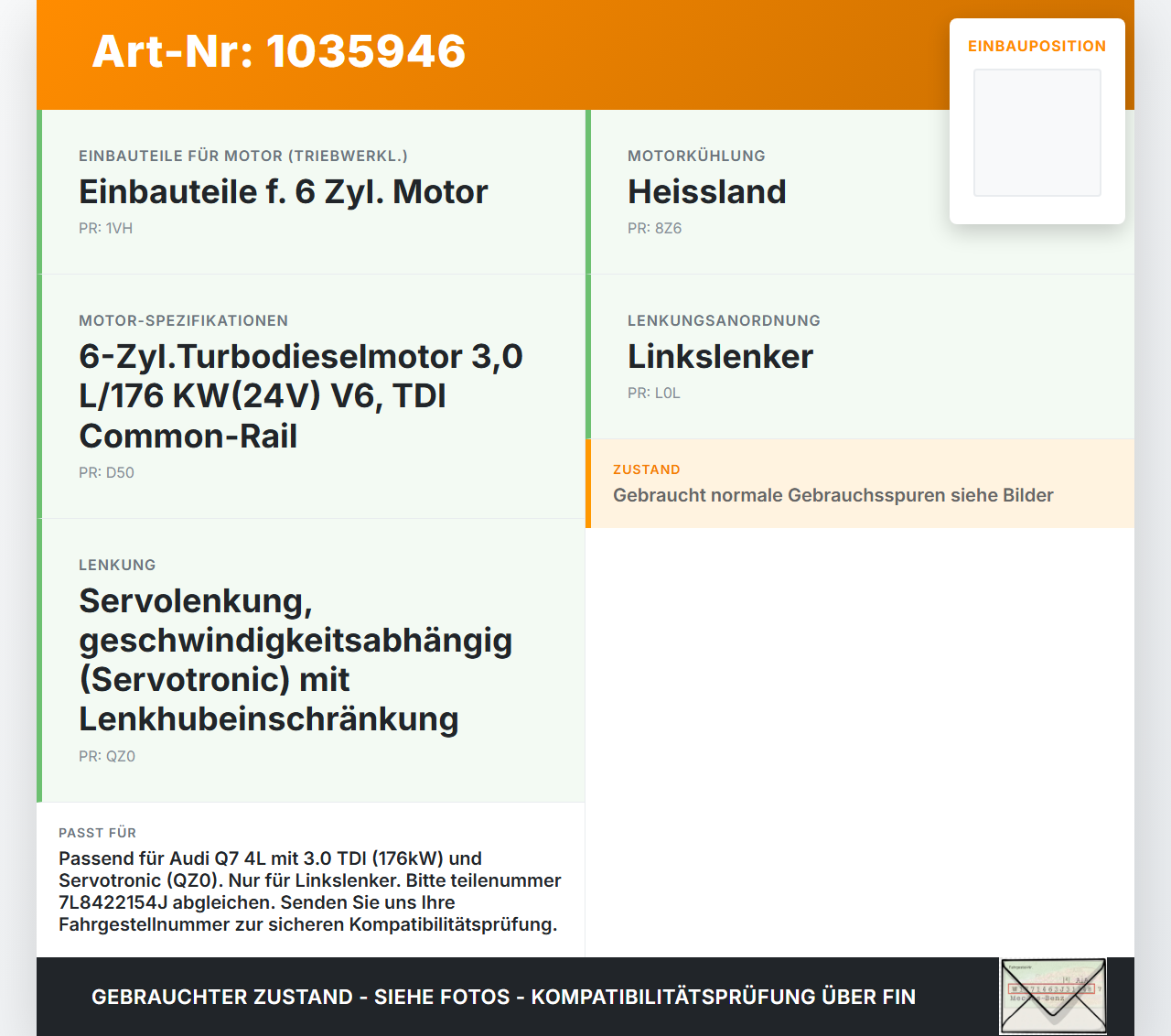 Audi Q7 4L 09-15 TDI 3,0 176KW Servopumpe Hydraulikpumpe Lenkung Audi Q7 4L 09-15 22.10.2012 7L8422154J gebraucht Vorschau 3