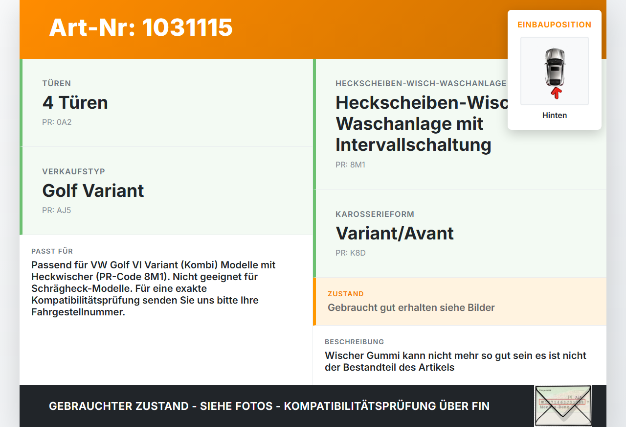 VW Golf VI 6 1K Variant 09-13 Scheibenwischer Heckwischer Hinten Wischarm VW Golf VI 6 1K Variant 09-13 07.10.2010... Vorschau 3