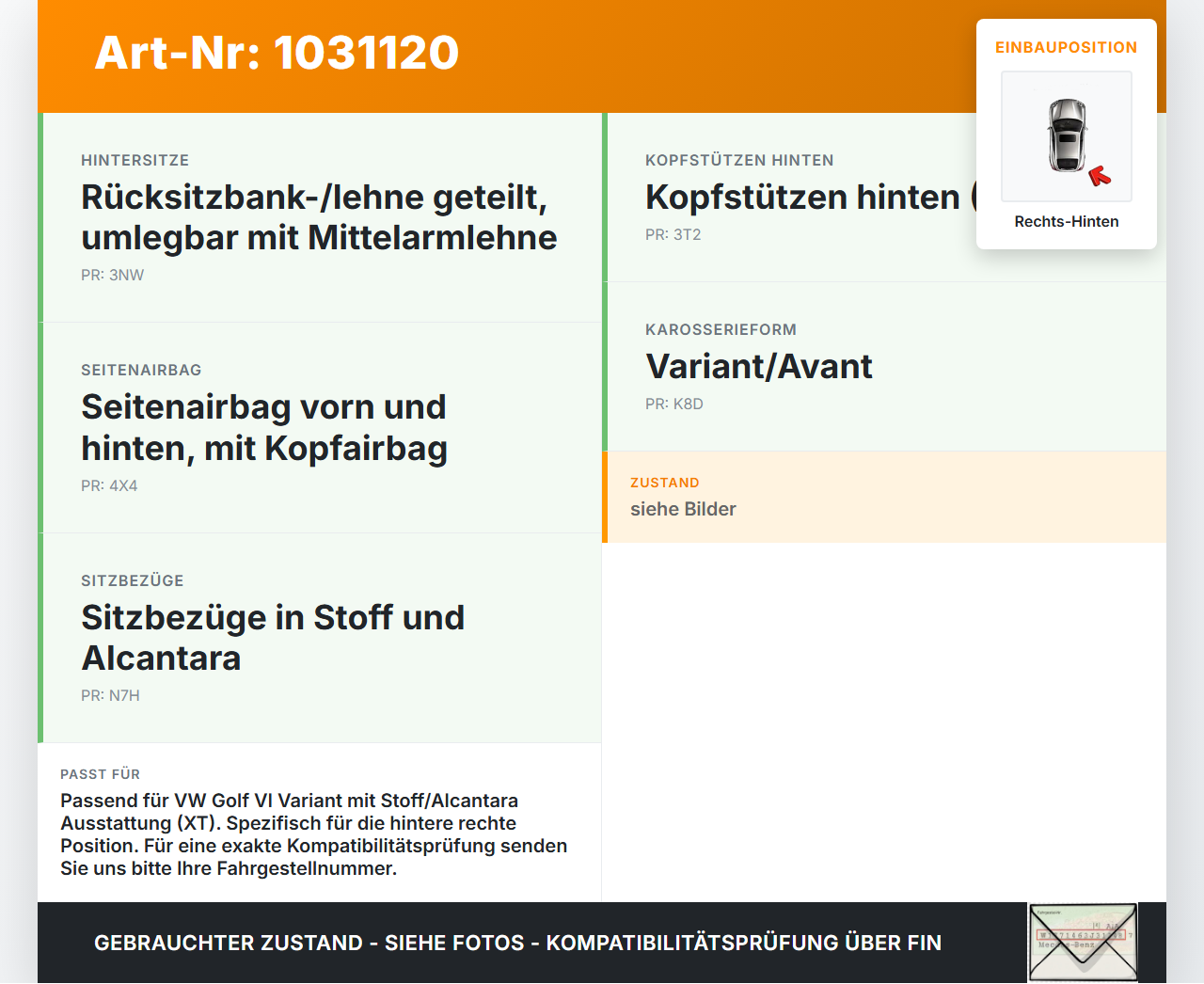 VW Golf VI 6 1K Variant 09-13 Kopfstütze Rechts Hinten VW Golf VI 6 1K Variant 09-13 07.10.2010 gebraucht Vorschau 3
