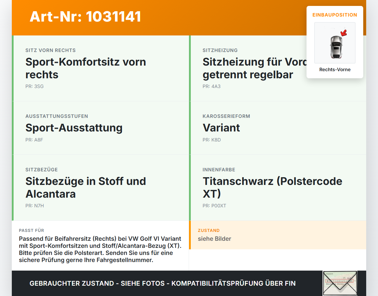 VW Golf VI 6 1K Variant 09-13 Kopfstütze für Beifahrer Sitz Rechts Vorne VW Golf VI 6 1K Variant 09-13 07.10.2010... Vorschau 3