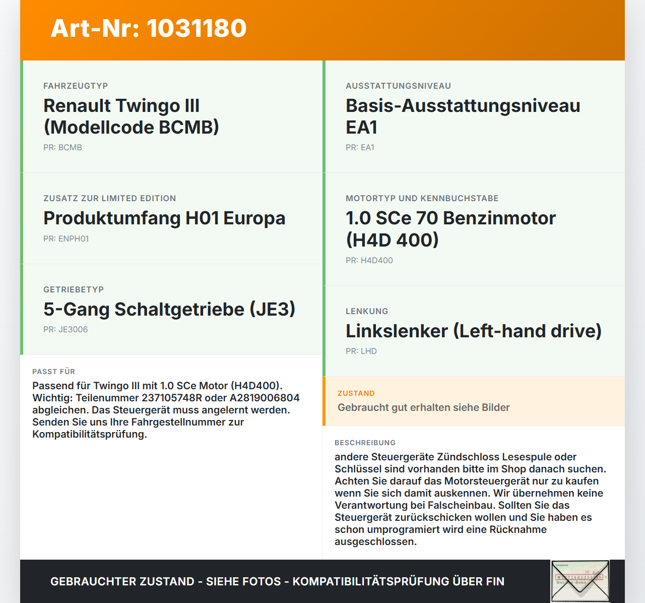 Renault Twingo III BCM 14-19 1,0 52KW Steuergerät ECU für Motor Motorsteuergerät Renault Twingo III BCM 14-19... Vorschau 3