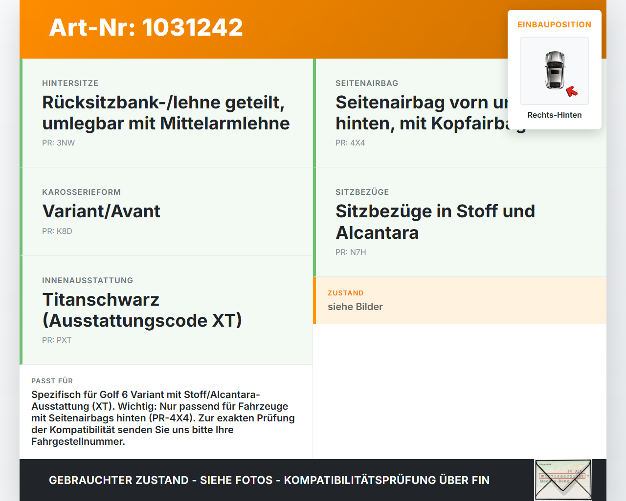 VW Golf VI 6 1K Variant 09-13 Rückenpolster Rechts f. Rücksitzbank Hinten VW Golf VI 6 1K Variant 09-13 07.10.2010... Vorschau 3