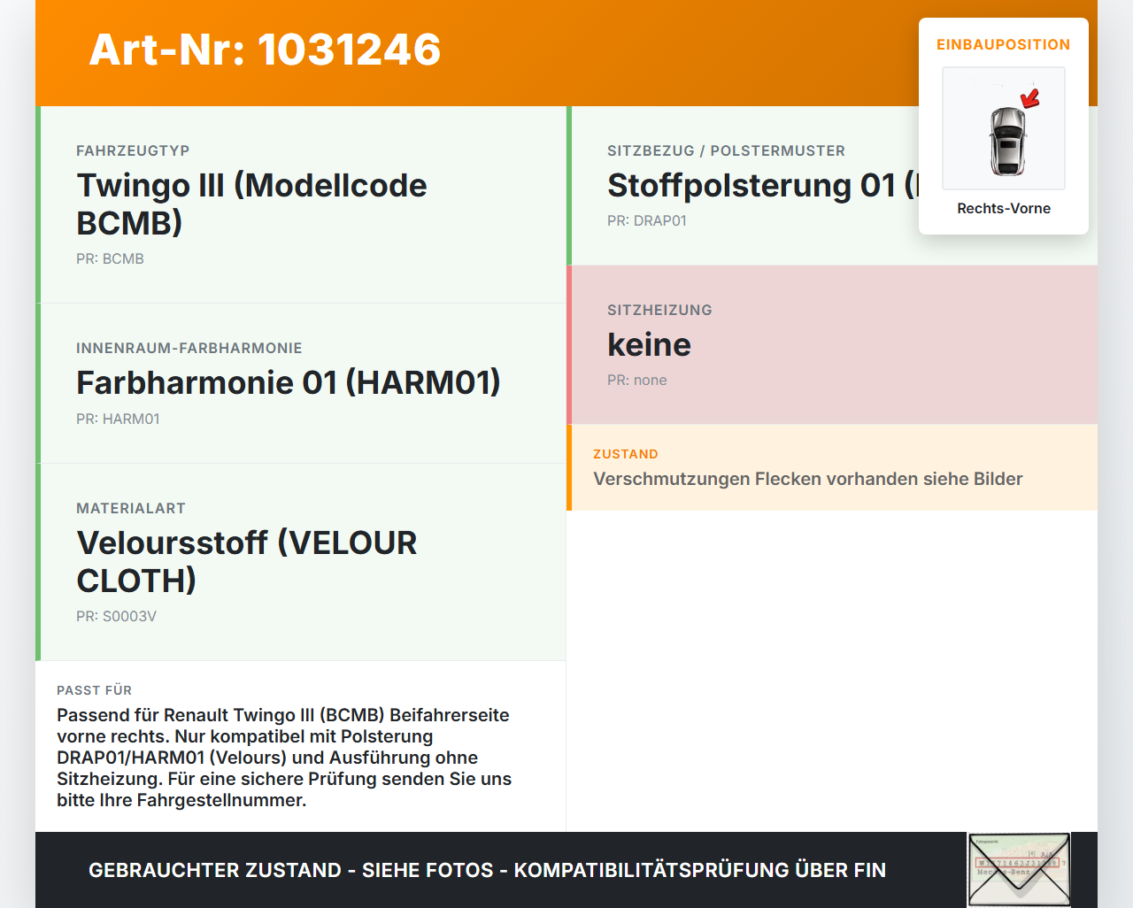 Renault Twingo III BCM 14-19 5T Sitzbezug Sitzpolster für Beifahrersitz Rechts Vorne Renault Twingo III BCM 14-19... Vorschau 3