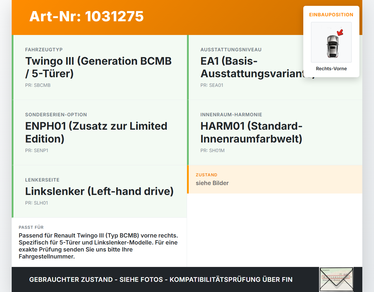 Renault Twingo III BCM 14-19 5T Türfangband Türbremse Türanschlag Rechts Vorne Renault Twingo III BCM 14-19... Vorschau 3