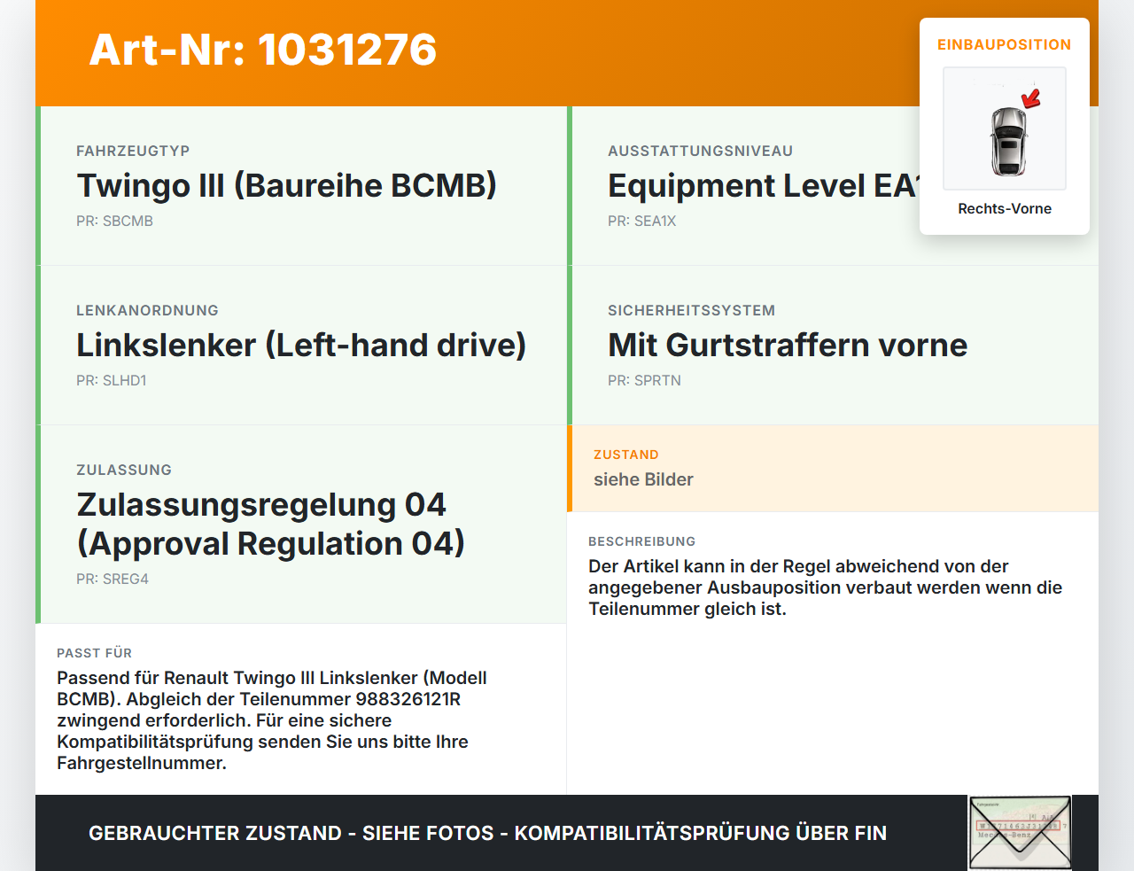 Renault Twingo III BCM 14-19 Sensor für Airbag Crashsensor Airbagsensor Rechts Vorne Renault Twingo III BCM 14-19... Vorschau 3