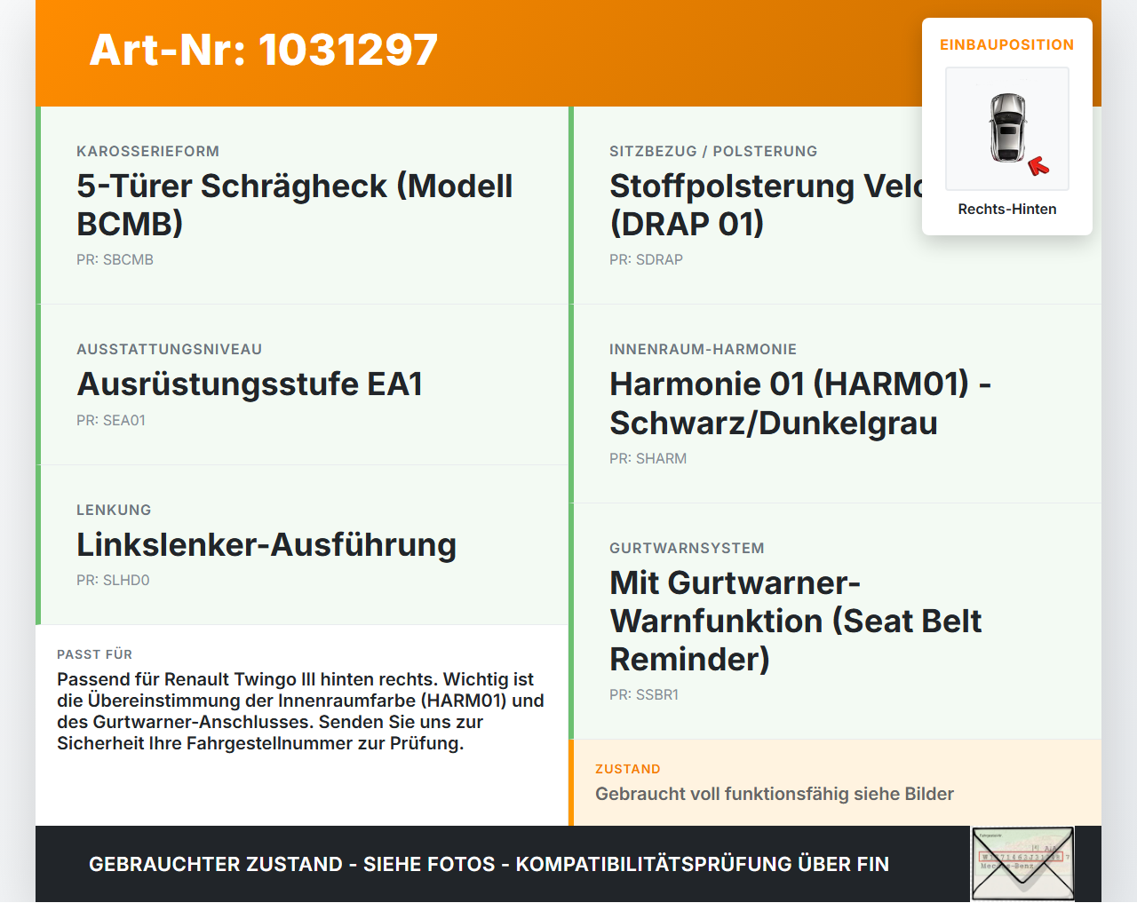 Renault Twingo III BCM 14-19 5T Gurtschloss Rechts Hinten Renault Twingo III BCM 14-19 01.04.2017 gebraucht Vorschau 3