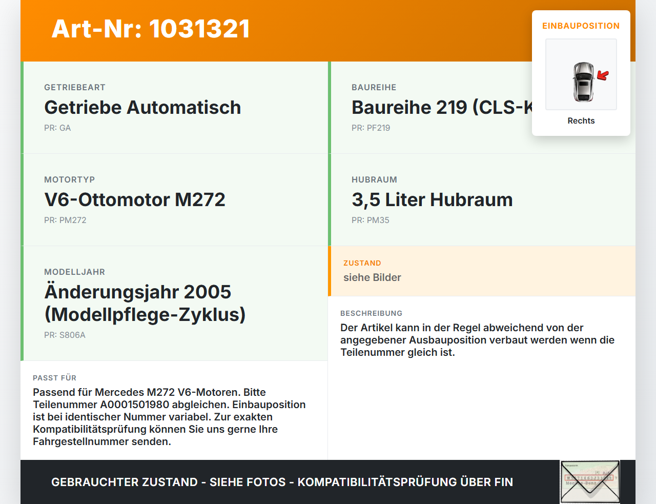 Mercedes C219 CLS 350 04-08 3,5 200KW Zündspule Rechts Pos.3 Mercedes C219 CLS 350 04-08 09.12.2005 A2729060060... Vorschau 3